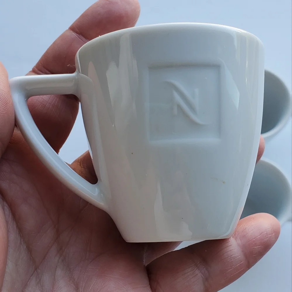 Set Of 4 Nespresso Demitasse Expresso White Mini Mugs Cups Embossed Logo 3